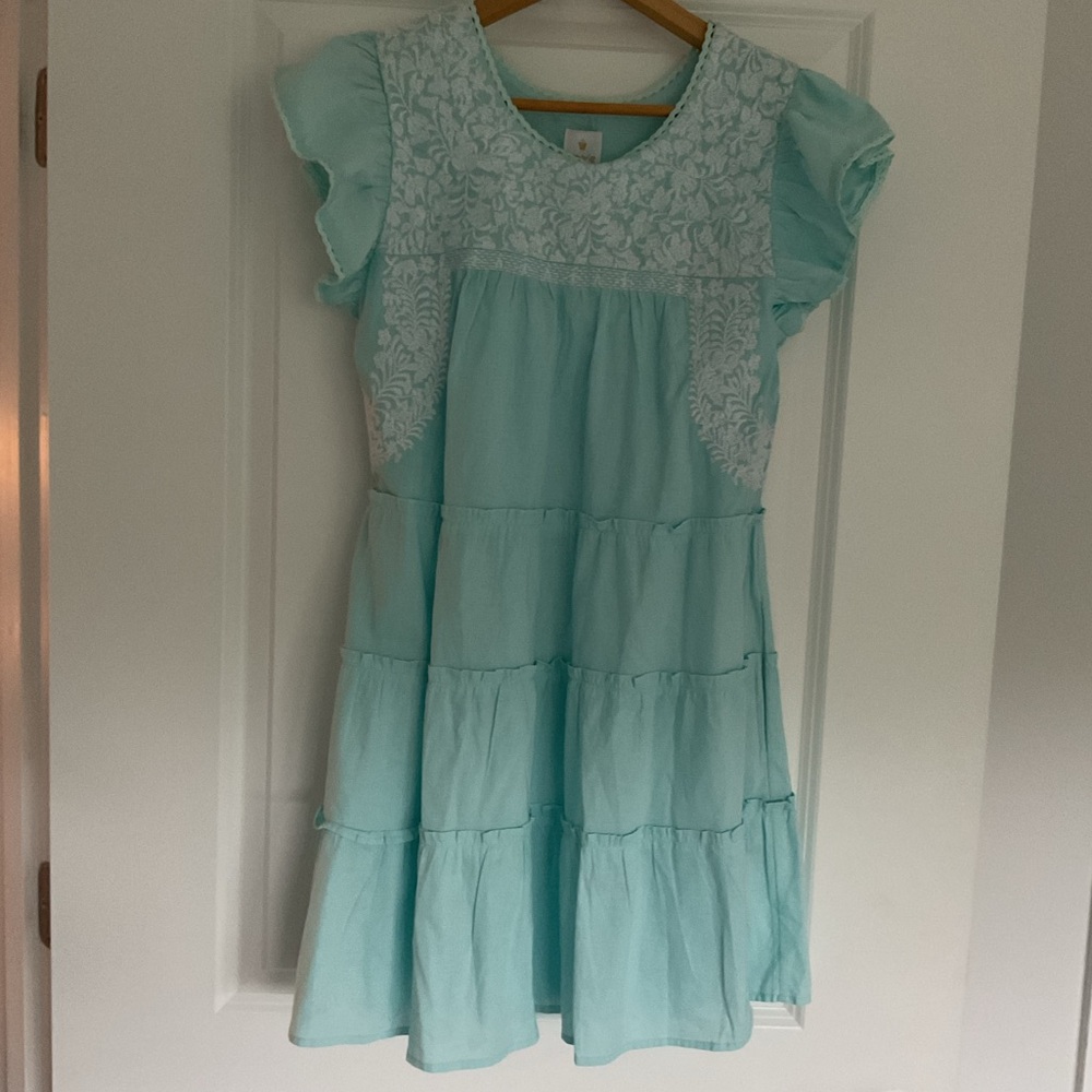 J. Marie pale blue white embroidery XS tiered feminine NWT